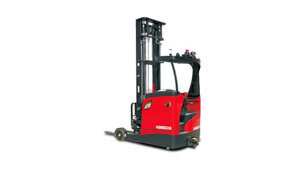 Automated reach truck designed for high-level pallet storage and retrieval in warehouse racking systems