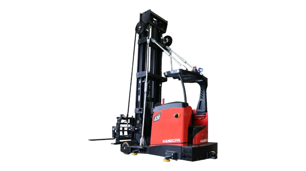 Automated very narrow aisle truck for high-density storage and high-level pallet handling